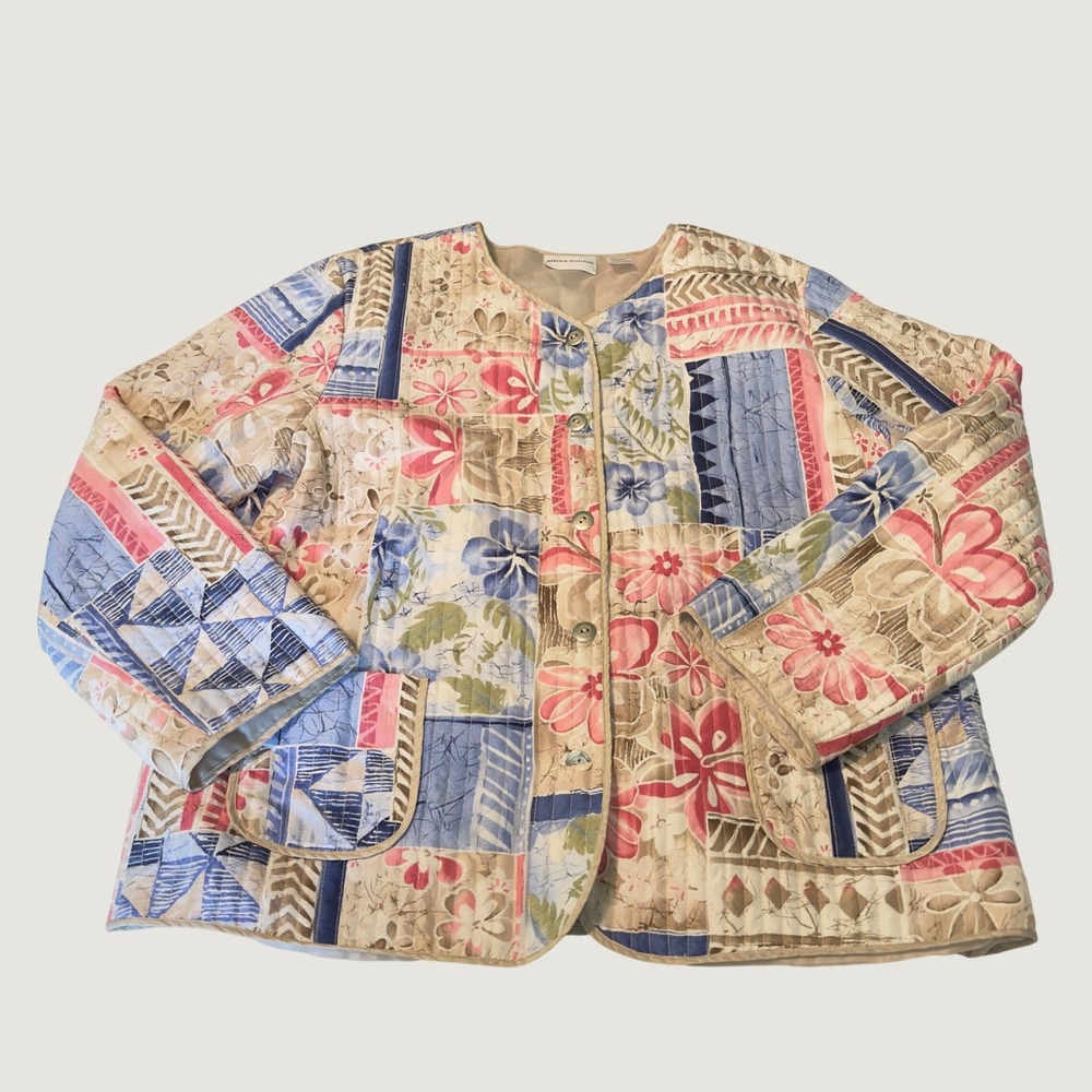 Alfred Dunner Silk Quilted Patchwork Floral Jacket Blue Pink Tan Size 14